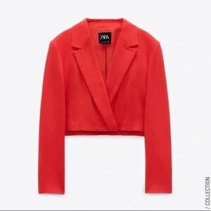 ZARA Red Cropped Linen blend lapel collar long sleeves Blazer size XS